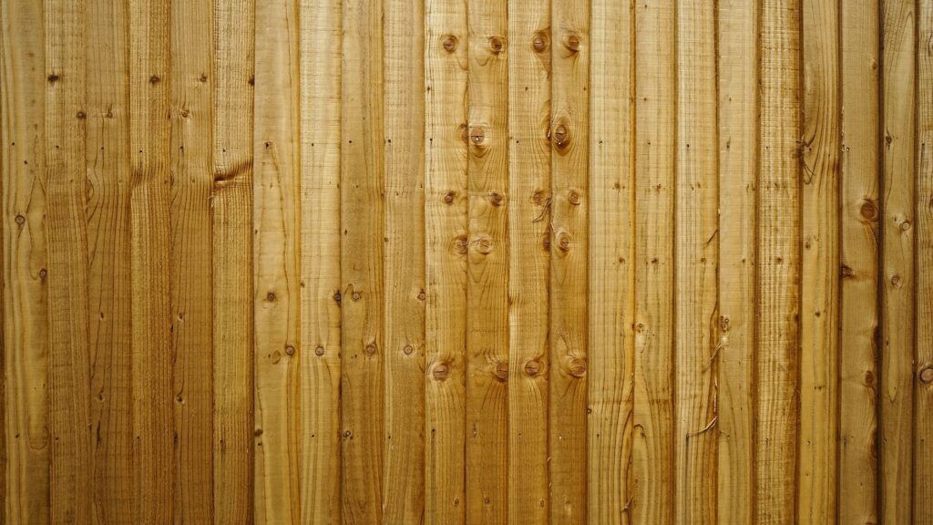 Close-up of vertical cedar fence boards showing several distinct knots and natural grain patterns